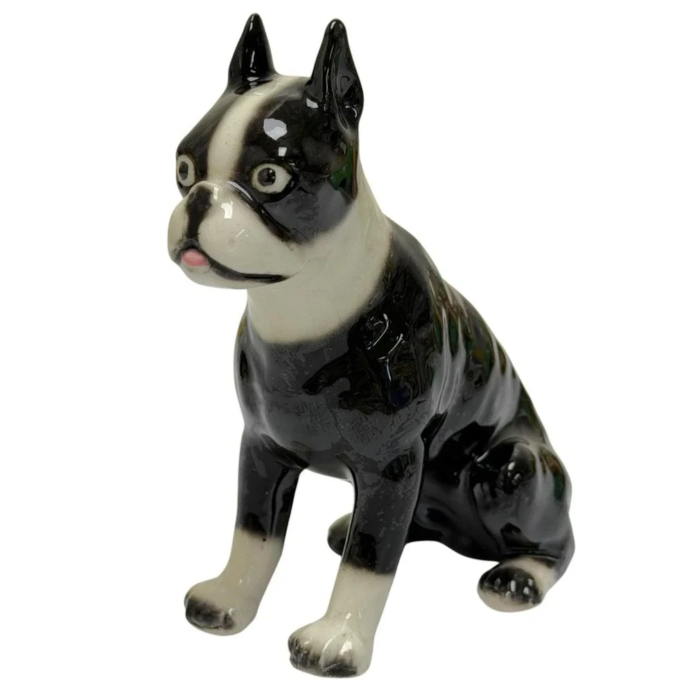 Vintage Boston Terrier Dog Puppy Ceramic Figurine Sticking Tongue Out 5.5